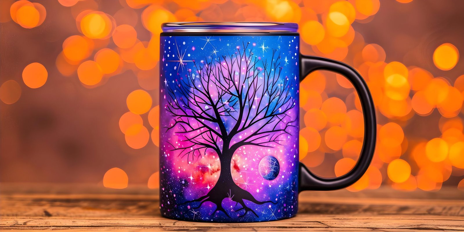 Designs artísticos e celestiais em canecas