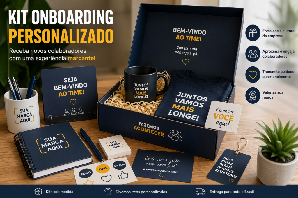 Kit onboarding personalizado com caneca, camisa, cartão de boas-vindas, adesivos e embalagem corporativa para novos colaboradores.